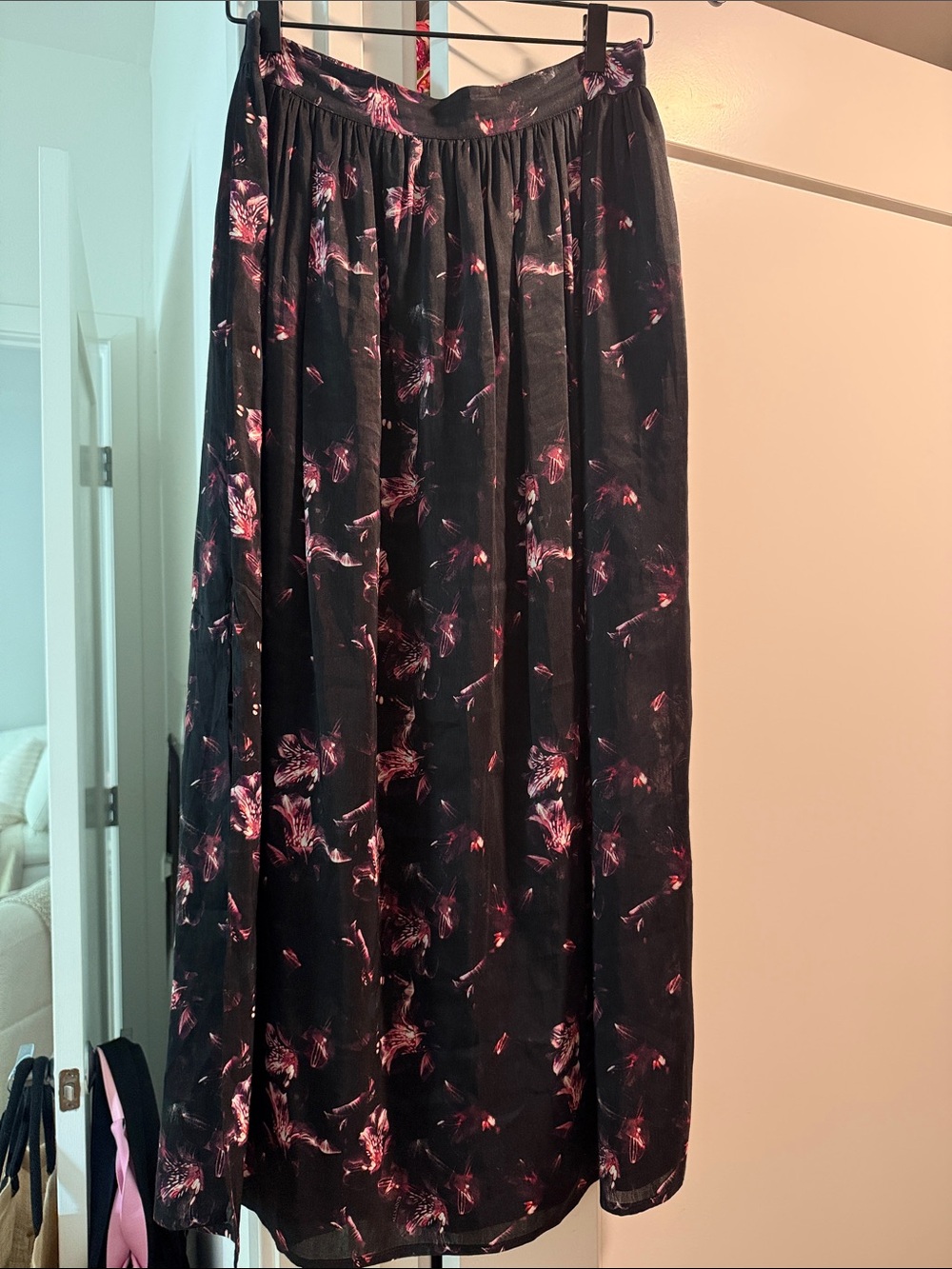 AllSaints Black Maxi Skirt with Pink Floral Print